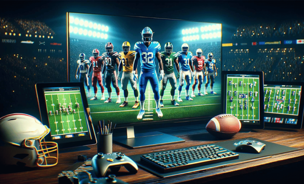 An image displaying a desk with a monitor showing American football players standing in a V shape in different uniforms. There is also an American football helmet, a video game controller, a keyboard, a computer mouse, an American football and three tablet screens depicting American football team statistics.