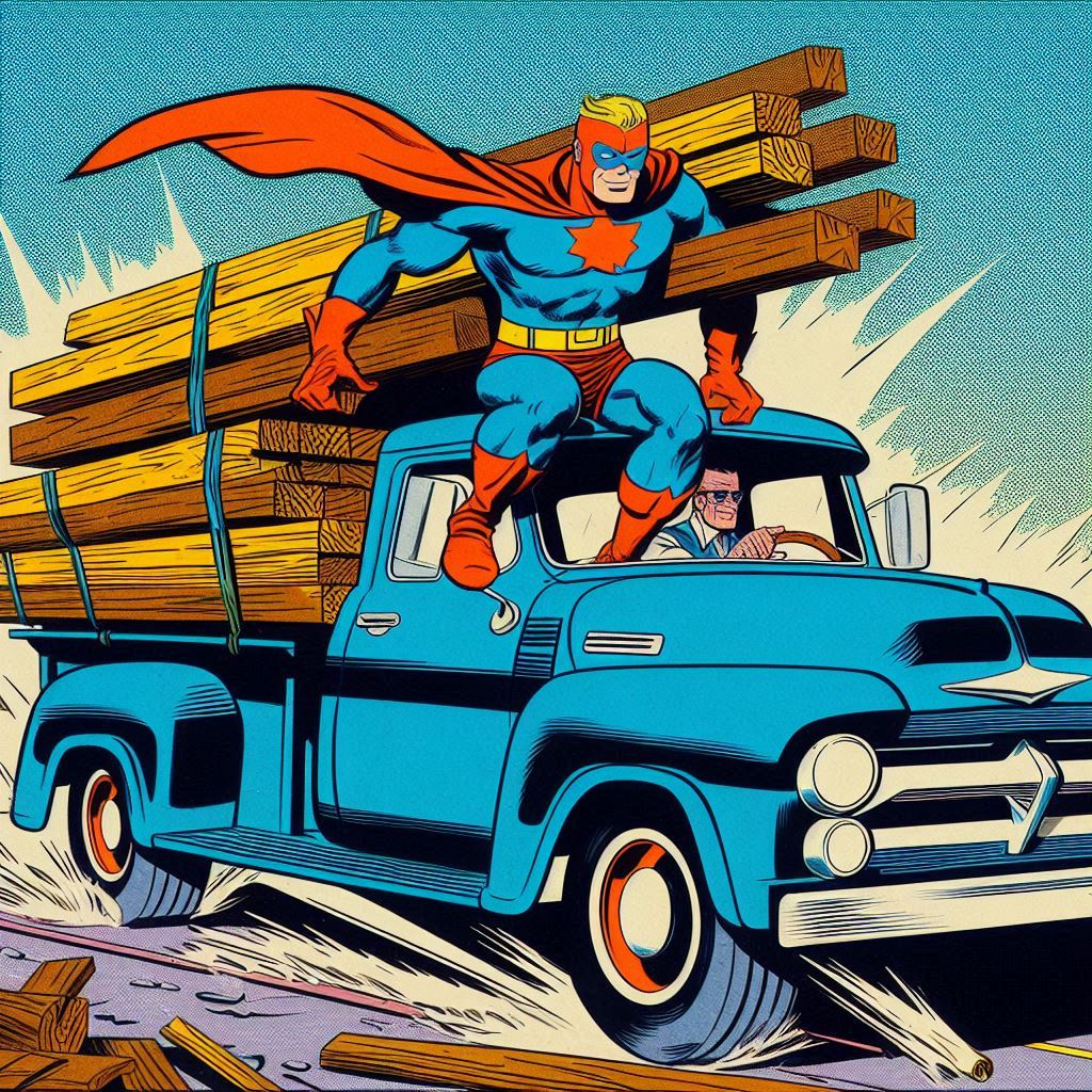 Superhero balancing on top of a blue truck loaded with wooden beams.