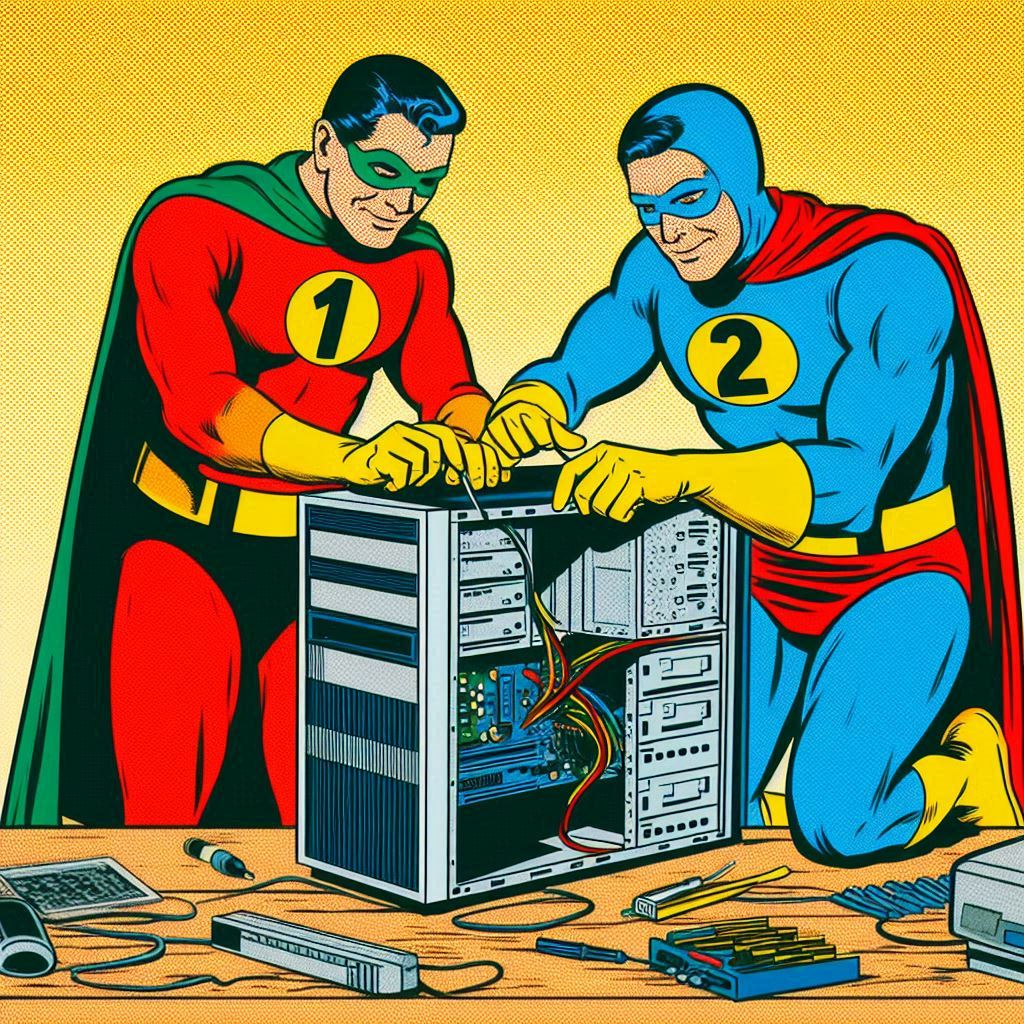 Two superheroes assembling a computer, bright colorful illustration.