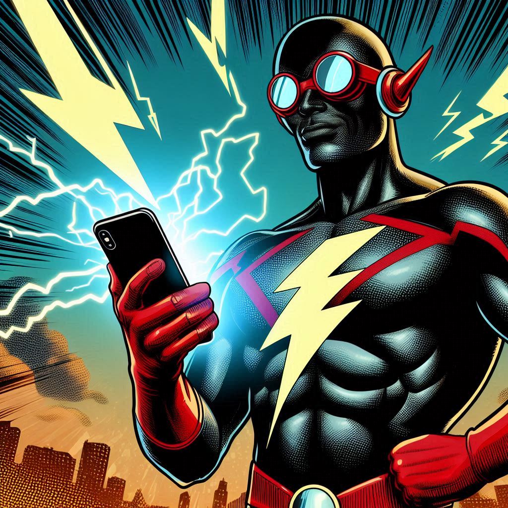 Superhero in a dynamic pose, holding a smartphone with lightning bolts in the background.